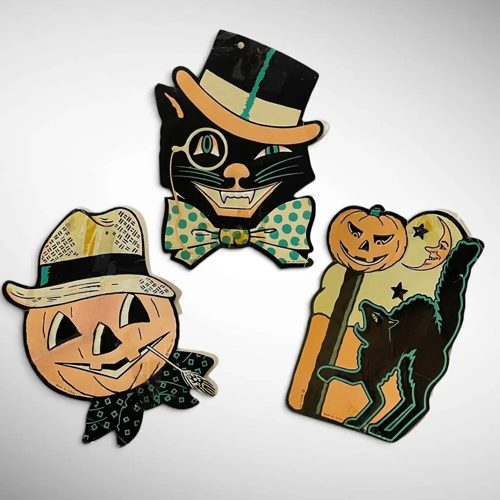 Vintage 1950s-1960s Beistle Halloween Die Cuts Lot (3)-Cats & Pumpkin